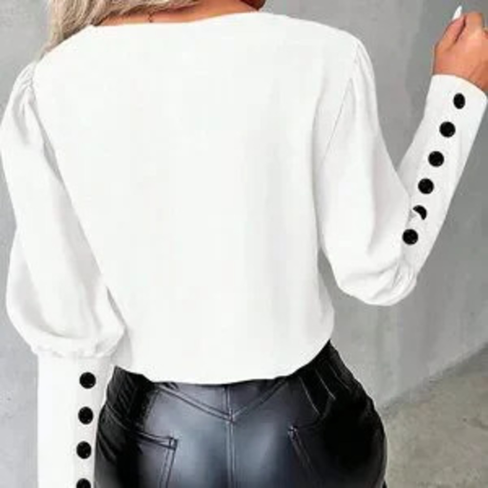 Black & White Elegant Women's V-Neck Lantern Sleeve Blouse - Picture 2 of 4
